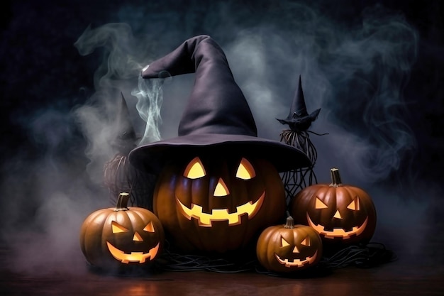 Espeluznantes calabazas sonrientes de Halloween brillan en la oscuridad entre la niebla jackolantern en un sombrero de bruja sobre un fondo negro en humo