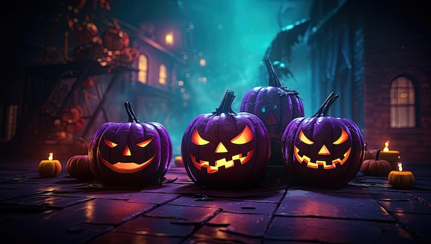 espeluznantes jackolanterns de halloween sobre una mesa en morado y verde