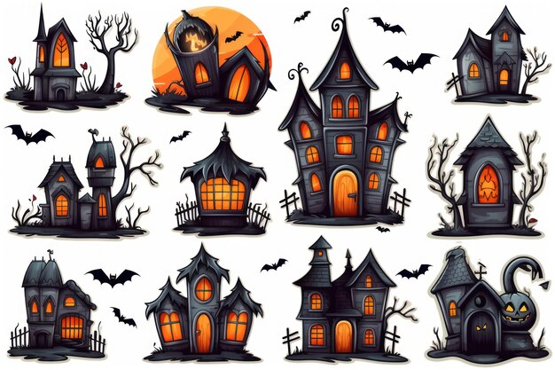 Espeluznantes pegatinas de Halloween con casas embrujadas aisladas generadas por la IA