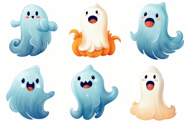 Espeluznantes pegatinas de Halloween Fantasmas aislados en un fondo blanco generados por la IA