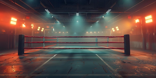 À espera do início da partida, um ringue de boxe deserto numa arena vazia.