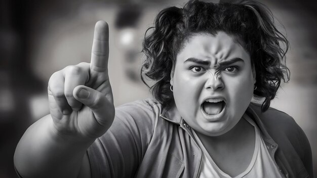 Foto espera un minuto emocional indignado joven de tamaño grande mujer diciendo no mostrar el dedo delantero expresin