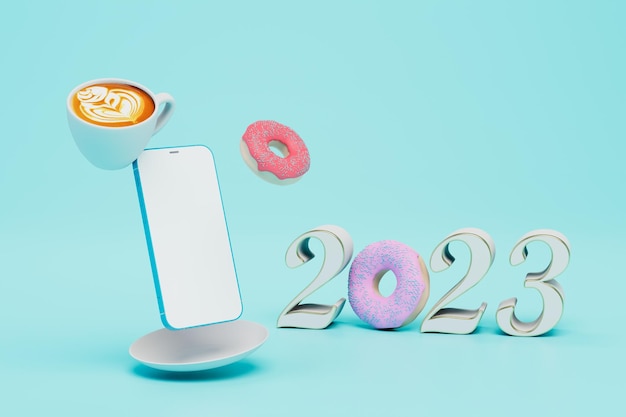 Esperando a inscrição 2023 da xícara de café do smartphone do ano novo 2023 com um donut em vez de 0