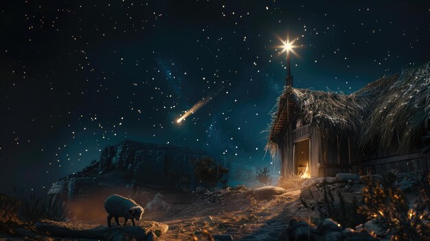 Foto esperando al mesías el pesebre vacío con la estrella cometa viniendo