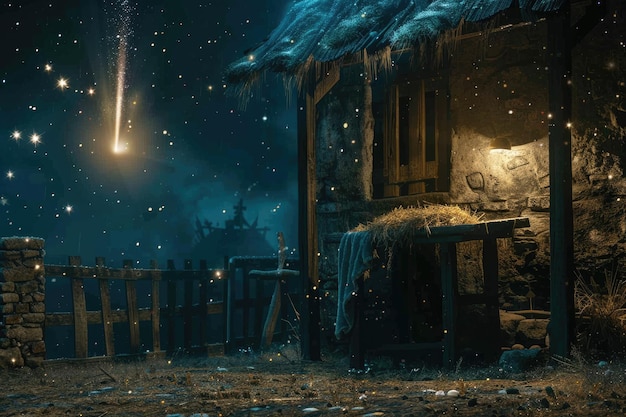 Foto esperando al mesías el pesebre vacío con la estrella cometa viniendo