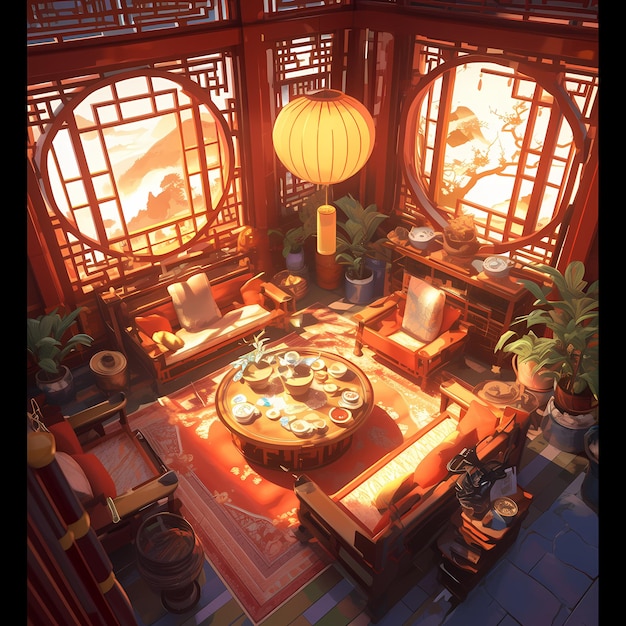 Esperando la llegada Una habitación tradicional china carmesí con ventanas iluminadas por el sol y muebles rojos