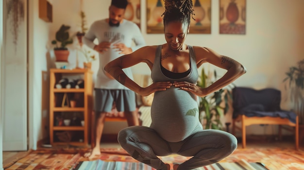 Foto esperando padres haciendo yoga juntos en casa la mujer está en su tercer trimestre de embarazo y lleva una camiseta gris y leggings negras