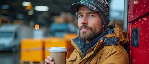 Esperando a los trabajadores del almacén el camionero está apoyado en el camión rojo y bebiendo café