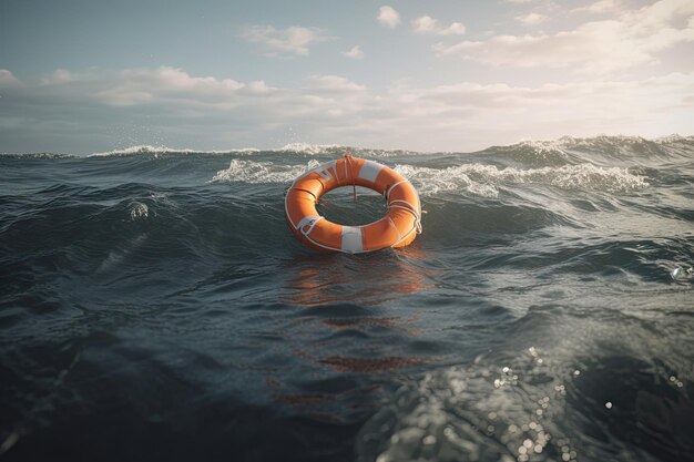 Foto la esperanza flota en una boya salvavidas en mares turbulentos