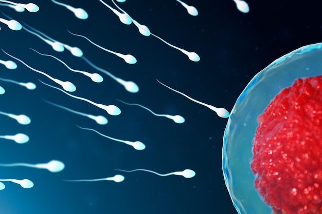 Foto esperma de ilustração 3d e óvulo, óvulo. espermatozóide se aproximando do óvulo. fertilização nativa e natural. conceição o início de uma nova vida. óvulo com núcleo vermelho sob o microscópio, esperma de movimento