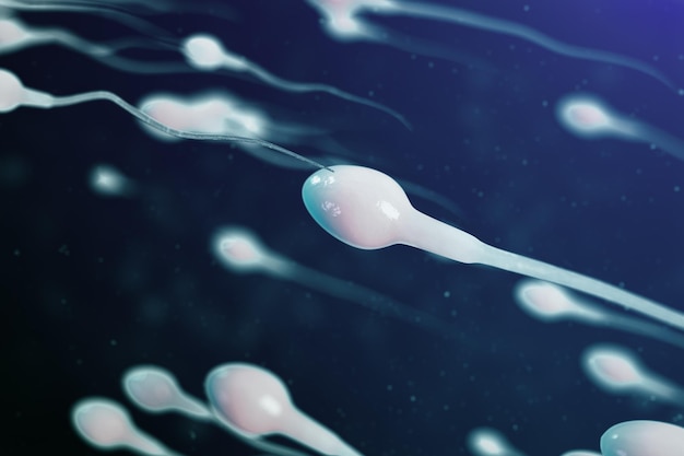esperma de ilustração 3D se aproximando da célula-ovo, óvulo. Fertilização natural - vista de perto. Concepção, o início de uma nova vida. Esperma sob o microscópio, esperma de movimento