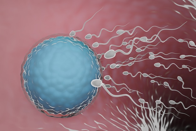 Los espermatozoides nadando hacia el óvulo en una trompa de Falopio. Representación de la ilustración 3D.