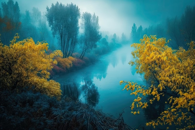 Espesa neblina sobre el río entre árboles azules de otoño con hojas amarillas