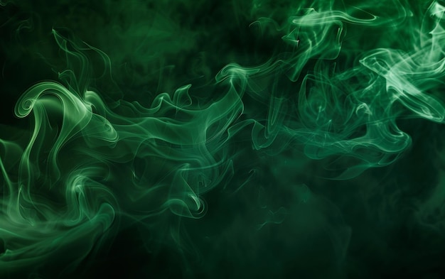 Espessas nuvens ondulantes de fumaça verde vibrante preenchem o quadro criando uma composição visual hipnotizante e de outro mundo com suas formas etéreas mutáveis