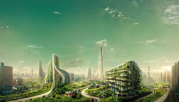 Espetacular arte digital ilustração 3D eco cidade futurista abundante em árvores
