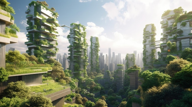 Espetacular paisagem urbana ecofuturista com vegetação abundante