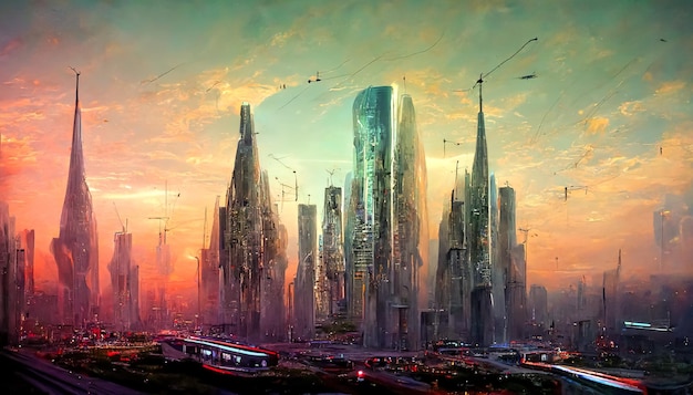 Espetacular paisagem urbana futurista, veículos voadores, arte digital, ilustração 3D