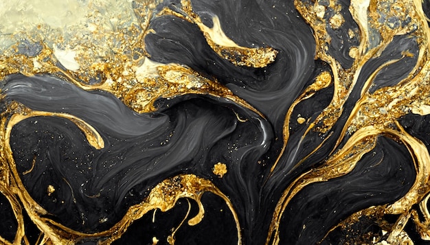 Espetacular tinta preta e dourada escura rodou em torno da ilustração 3D de arte digital