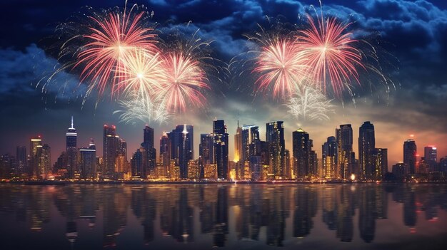 Foto espetáculo de fogos de artifício com horizonte sobre a cidade ia generativa