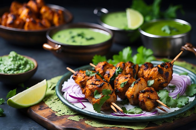 Espetadas de tikka de frango indiano