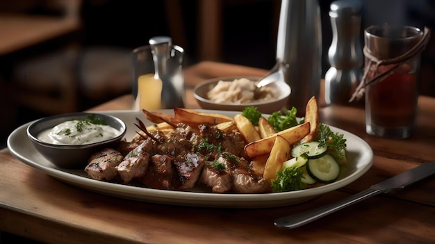 Espetos de carne de porco grelhada marinada, frango ou cordeiro, servidos com batatas assadas e tzatziki