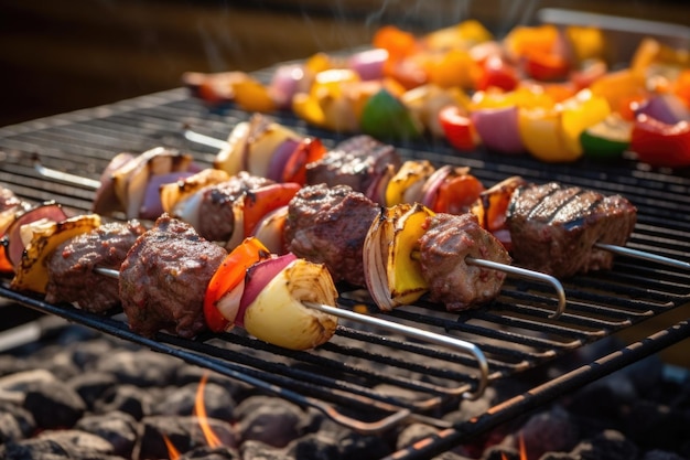 Espetos de carne empilhados ao lado de uma grelha de churrasco de aço inoxidável clássica