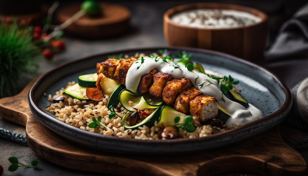 Espetos de carne grelhada com molho de legumes caseiro gerado por ia