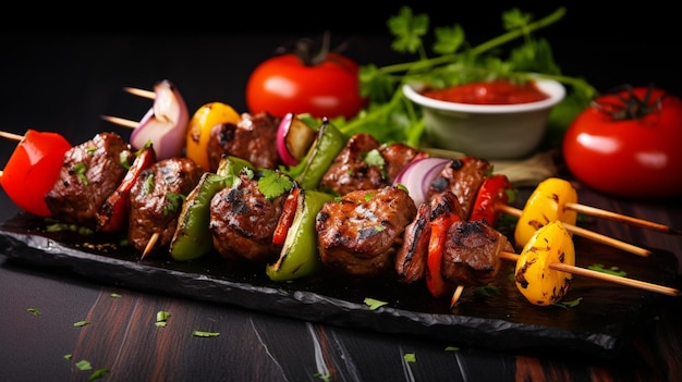 espetos de carne grelhada gourmet com legumes frescos