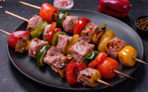 espetos de carne saborosos e coloridos com pimentas e cebolas