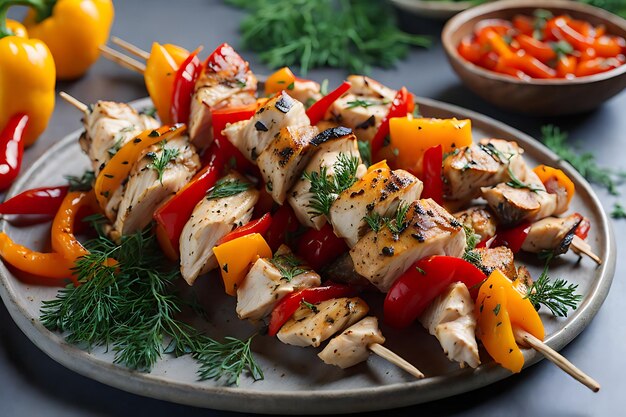 Espetos de frango com fatias de pimentão e endro.