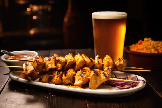 Foto espetos de frango grelhado ao lado de uma cerveja light espumosa