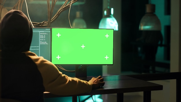 Espião masculino usando tela de computador com tela verde enquanto rouba informações do governo, planejando crimes cibernéticos e assédio. Pessoa perigosa quebrando senhas, malware de computador.
