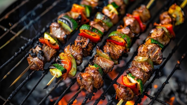 Espigas de Bbq cargadas de carne salada y verduras tiernas chisporroteando sobre un fuego