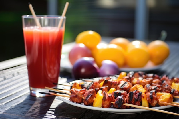 Foto espigas de bbq y un vaso de jugo en primer plano