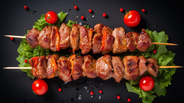 Espigas de carne a la parrilla shish kebab sobre un fondo negro