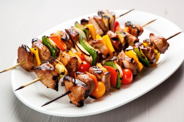 Espigas de cerdo a la parrilla en un plato blanco