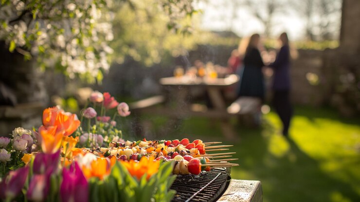 Espigas coloridas en una parrilla con flores vibrantes y amigos disfrutando de una reunión en un jardín soleado
