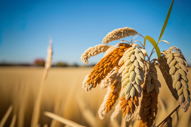 Espigas de arroz e um céu claro Vista de perto das espigas de arroz