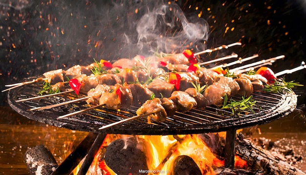 Espigas de carne e legumes na grelha com fogo de carvão de um churrasco