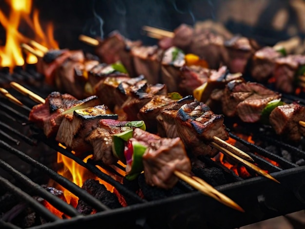 Espigas de carne grelhadas num churrasco uma refeição gourmet