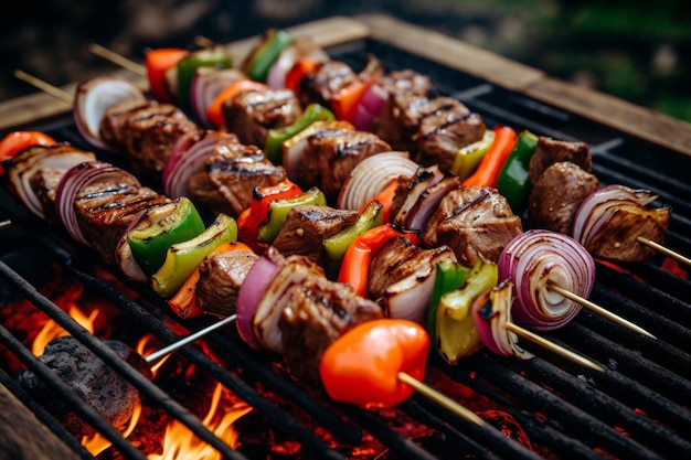 Espigas de carne marinadas emparelhadas com pimentas e