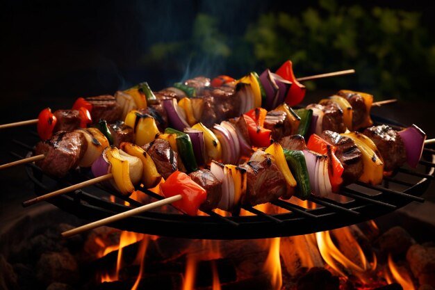Espigas de churrasco, kebabs de carne com vegetais em grelha flamejante.