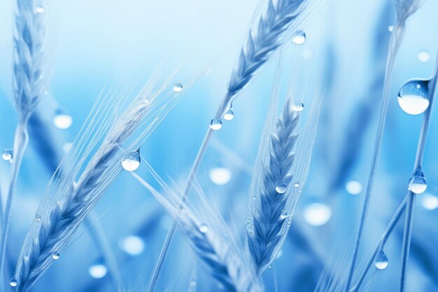 Foto espigas de trigo com gotas de orvalho em close-up em um fundo azul