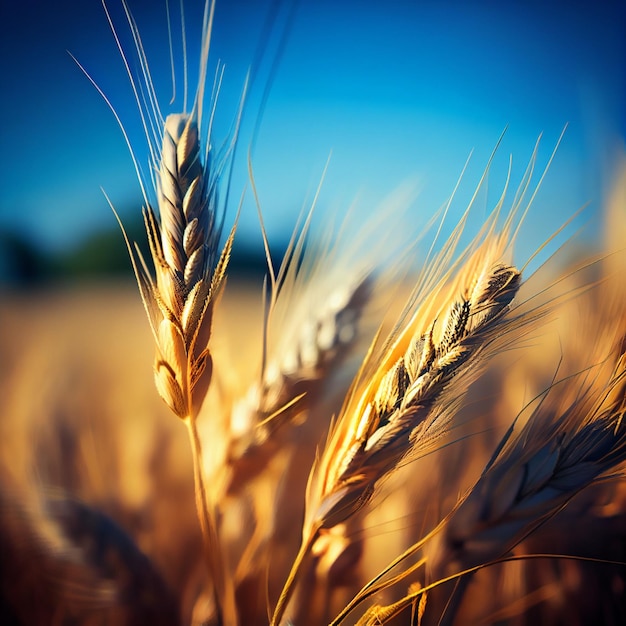 Espigas de trigo dourado em prado de trigo com luz brilhante e ilustração de fundo de céu azul criada por IA generativa