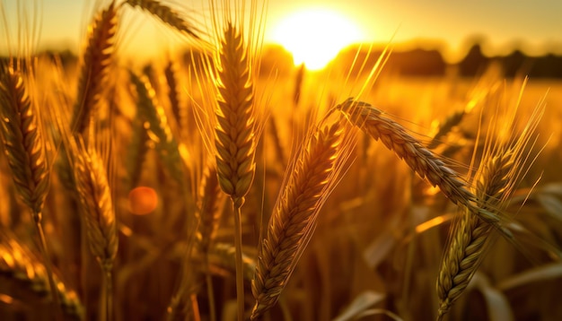 Espigas de trigo fechadas nos raios do sol quente amarelo ao nascer do sol