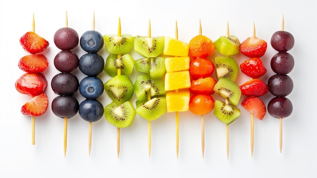 Espigas de frutas coloridas con fresas uvas arándanos kiwi y mango sobre un fondo blanco