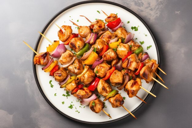 Espigas de kebab de pollo en un plato