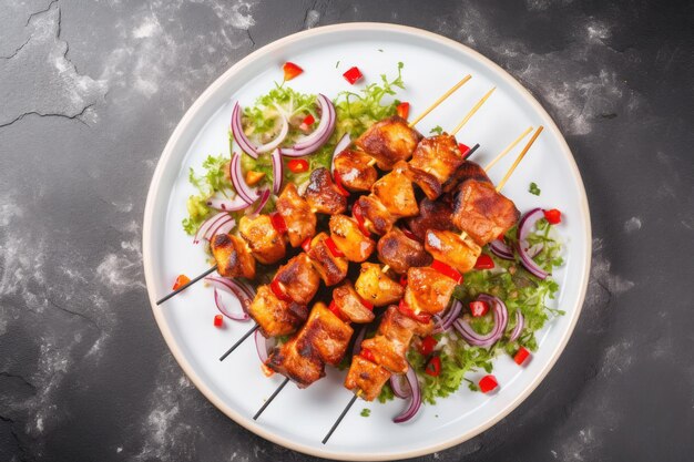 Espigas de kebab de pollo en un plato