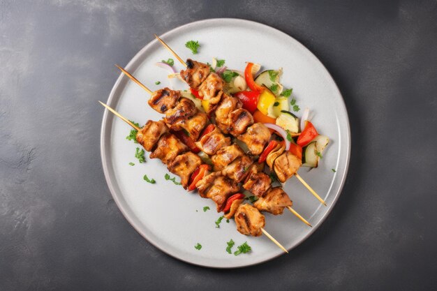 Espigas de kebab de pollo en un plato