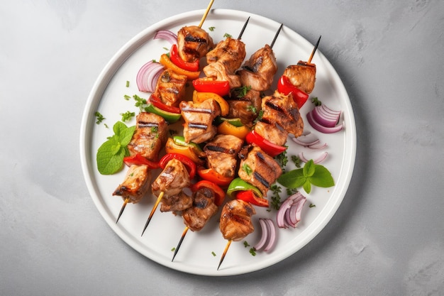 Espigas de kebab de pollo en un plato